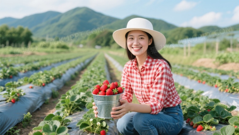 亚洲女性草莓田采摘要图图片