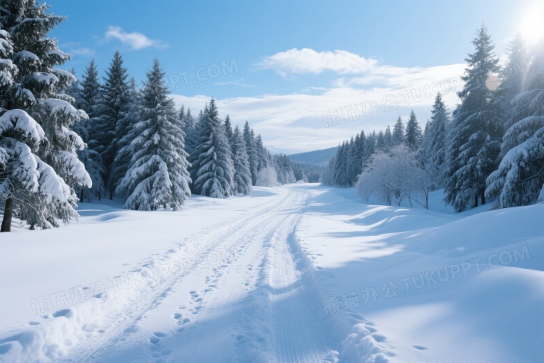 雪地小径通向雪松林侧逆光图片