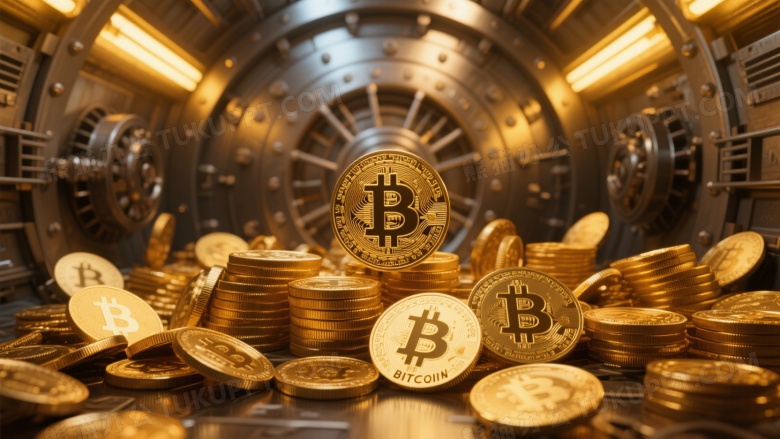 金色比特币硬币堆叠保险库图片