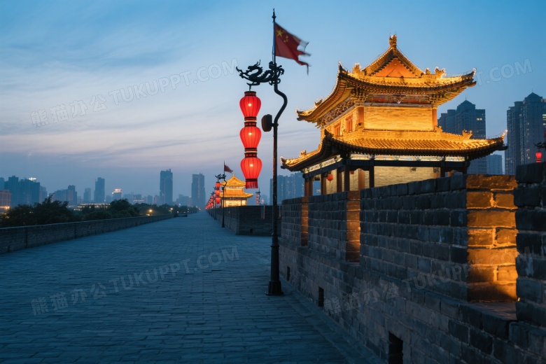 西安古城墙夜景对称构图图片