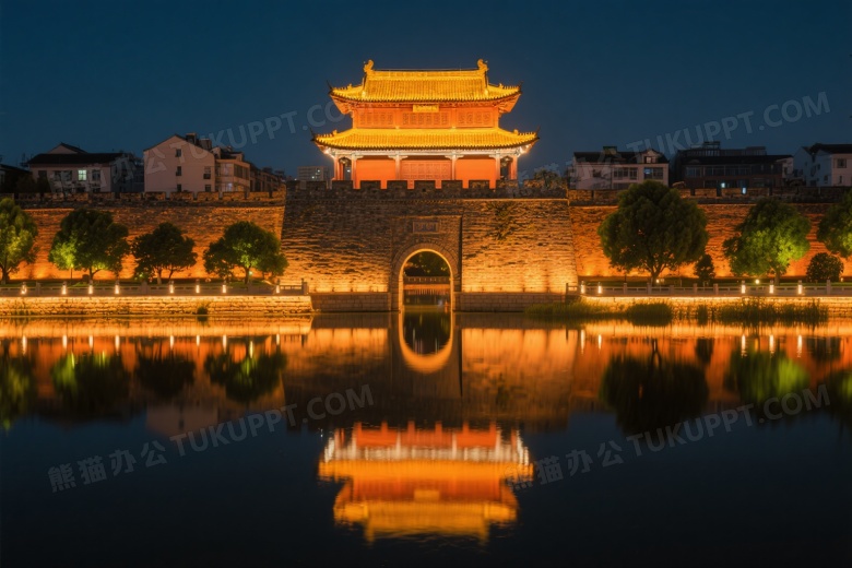 夜景古城墙与城楼倒影图片