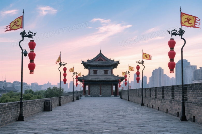 西安古城墙敌楼晨光图片