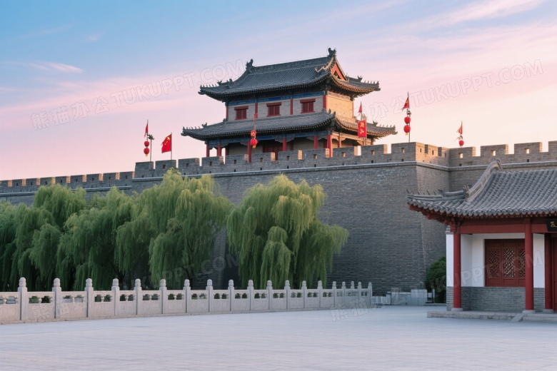 西安古城墙城楼晨光实景图片