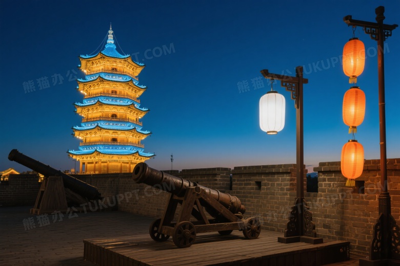 古城墙顶琉璃宝塔夜景图片