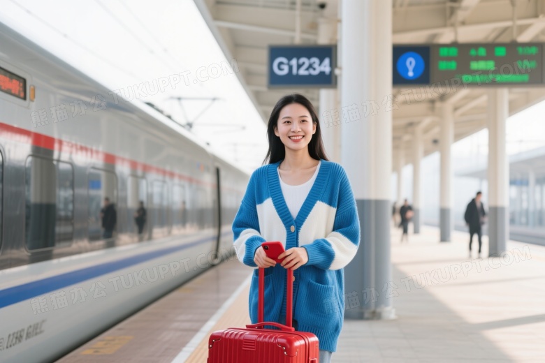 亚洲女性高铁站持行李箱微笑图片