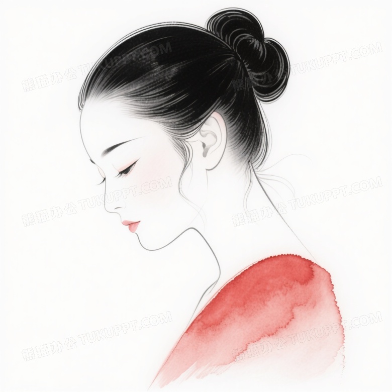 侧脸低头女性线描插画图片