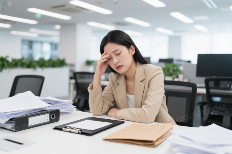 疲惫亚洲女性伏案办公图片