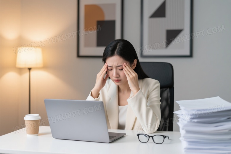 疲惫亚洲女性办公桌前揉眼图片