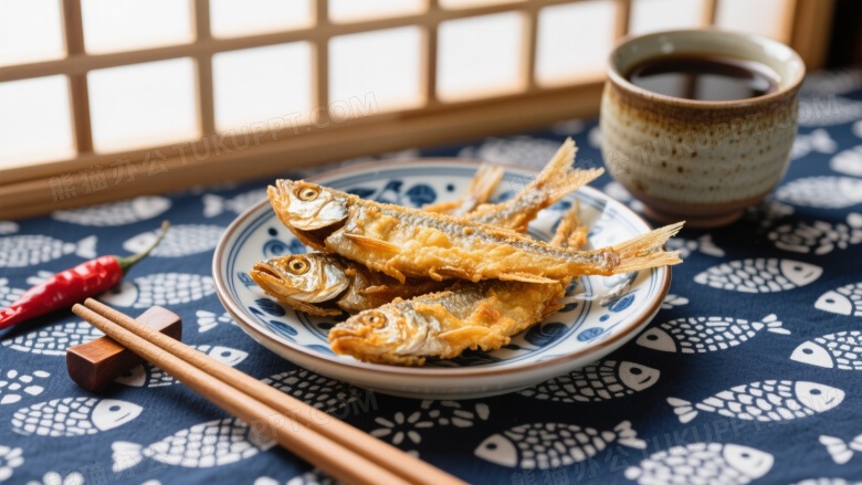 金黄油炸小鱼青花瓷盘图片