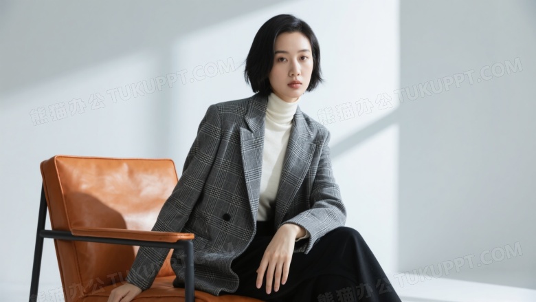 短发女性坐橙色皮椅望镜头图片