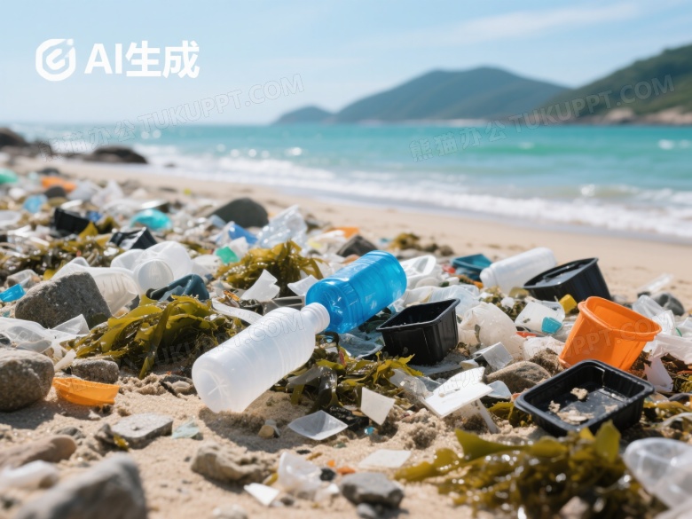 海滩塑料垃圾近景特写图片
