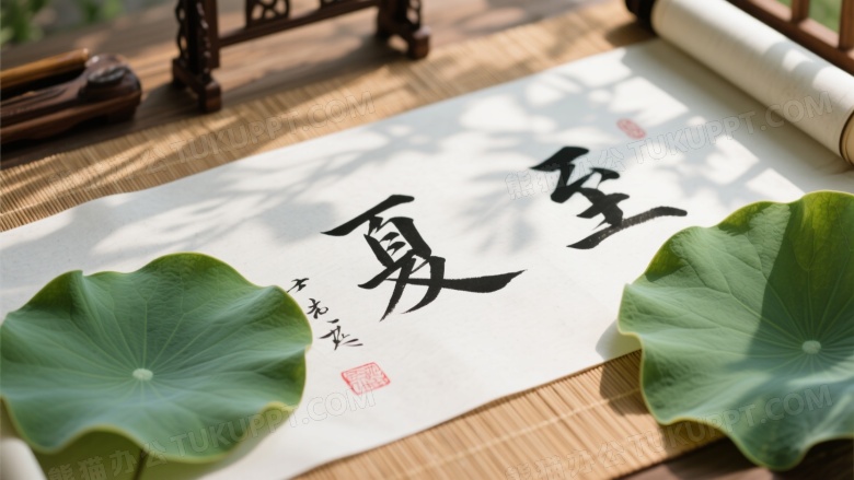 竹席宣纸夏至书法俯拍图片