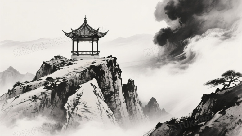 水墨山巅六角亭阁图片