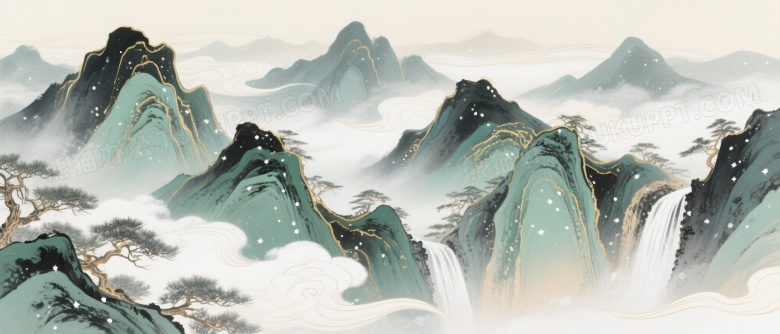 青绿山水云雾缭绕插画图片