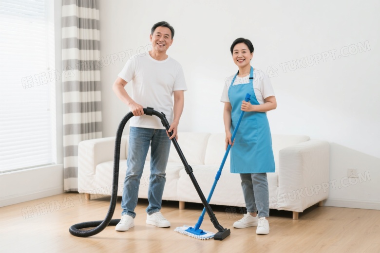 中年男女持清洁工具微笑图片