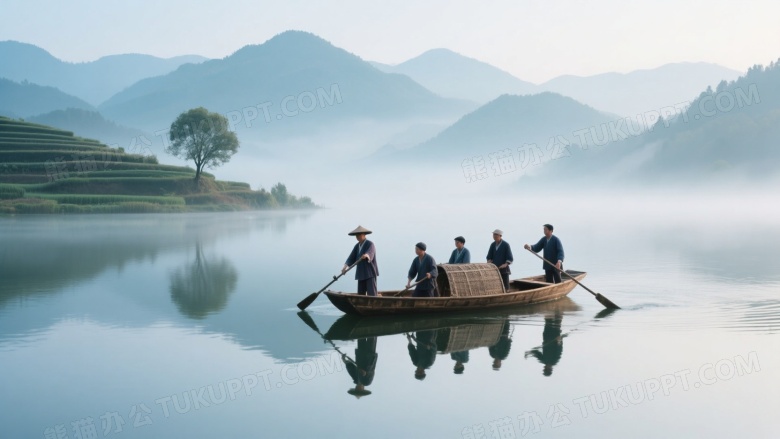 渔民木船湖面划桨清晨图片