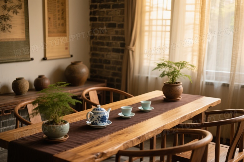 中式原木茶桌陈设柔光图片