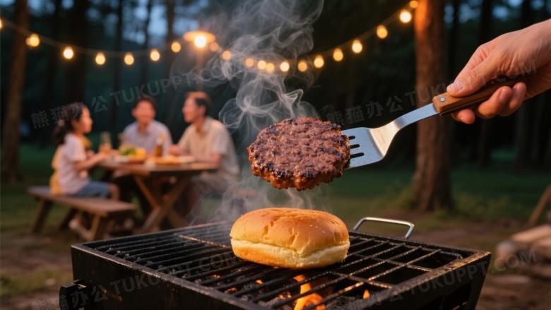 手铲牛肉汉堡特写图片