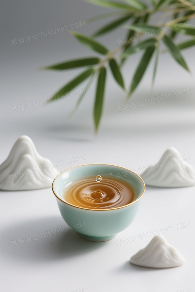 青瓷茶杯滴水涟漪特写图片