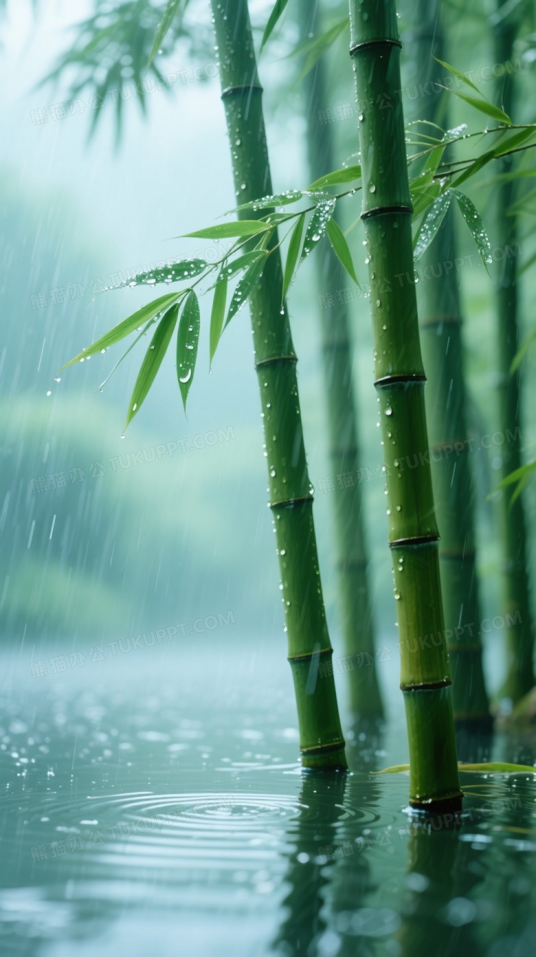 雨中青翠竹林特写图片
