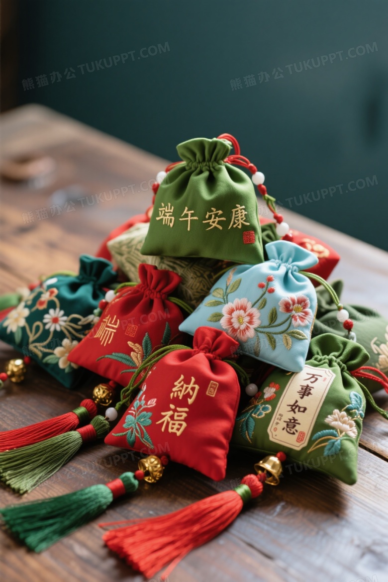 俯拍端午香囊堆叠特写图片