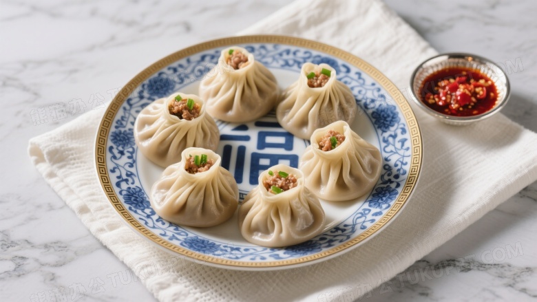 青花瓷盘小笼包俯拍图片