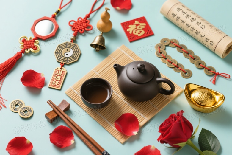 中式吉祥物组合俯拍图片