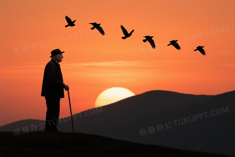 戴帽老者山丘剪影夕阳飞鸟图片