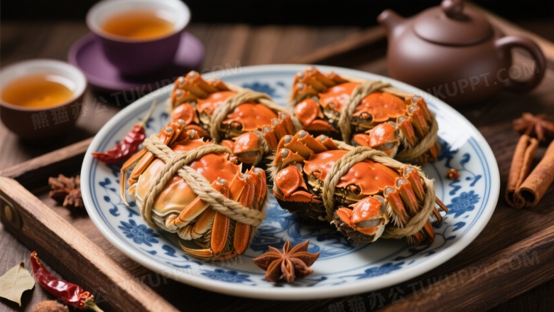 青花瓷盘蒸蟹配茶具图片