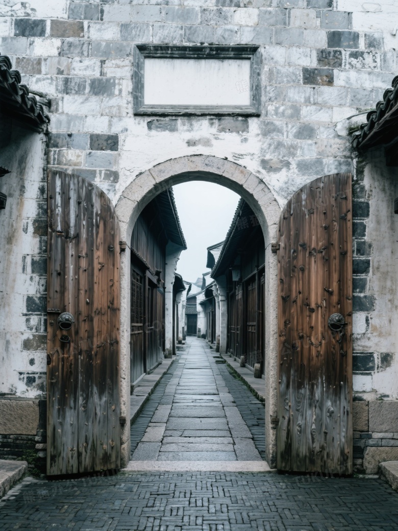 古朴石墙木门青石巷道图片