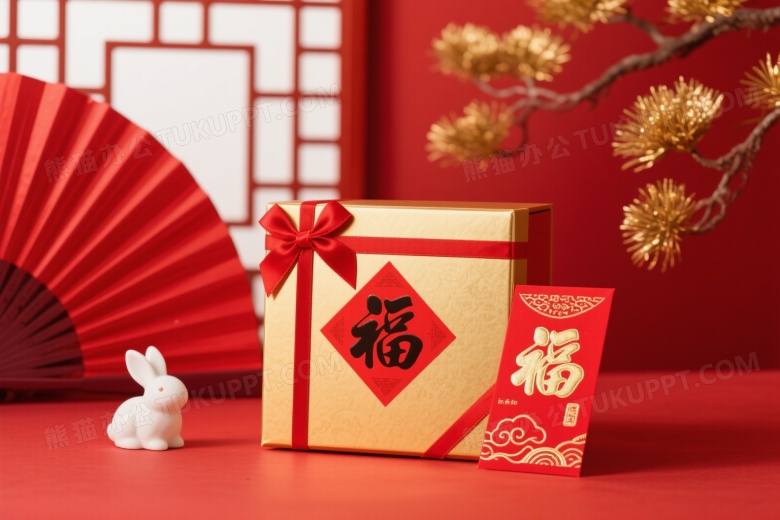 金色礼盒与兔子红包春节布置图片