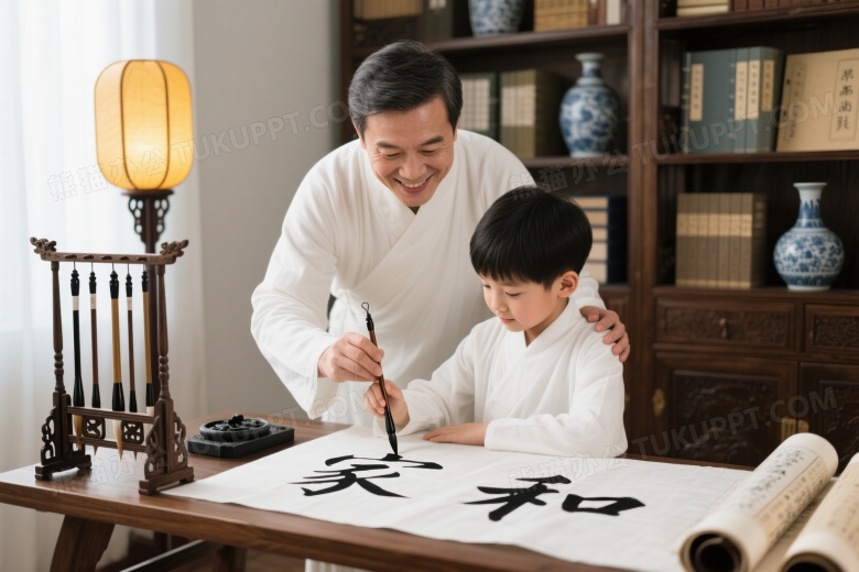 父子汉服书写汉字温馨场景图片