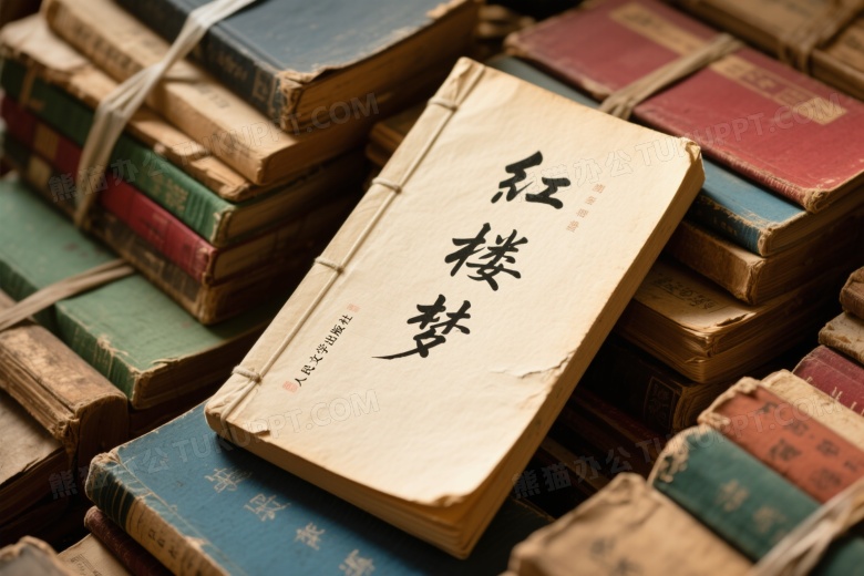 泛黄旧书堆中红楼梦线装书俯拍图片