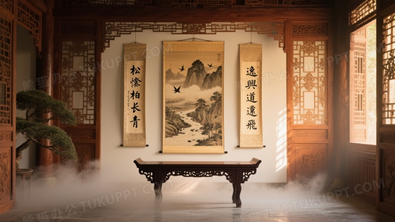 古典厅堂山水卷轴书法陈列图片