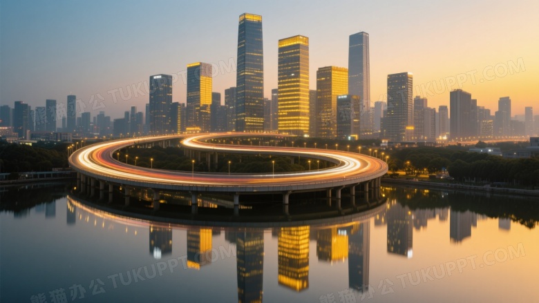 黄昏城市天际线双重曝光图片