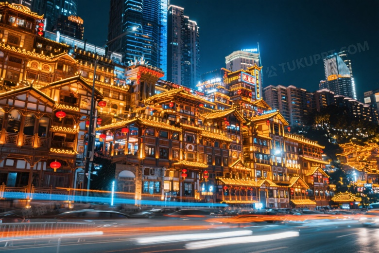 洪崖洞夜景吊脚楼灯火图片