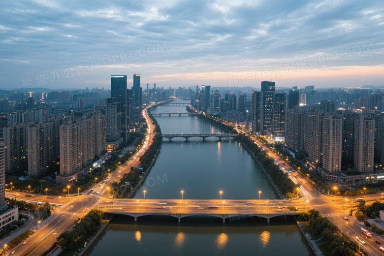俯拍城市黄昏河景高清图片