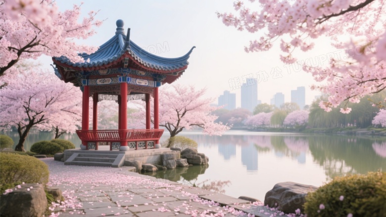 樱花环绕中式六角亭春日图片