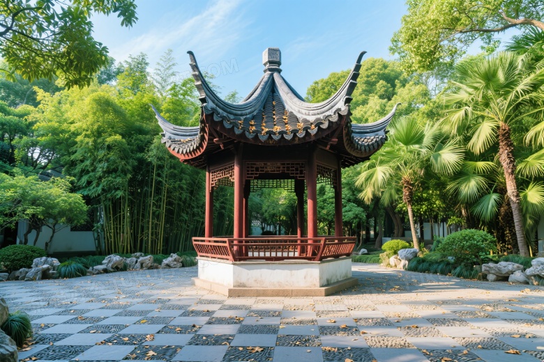 中式六角亭园林景致高清图片