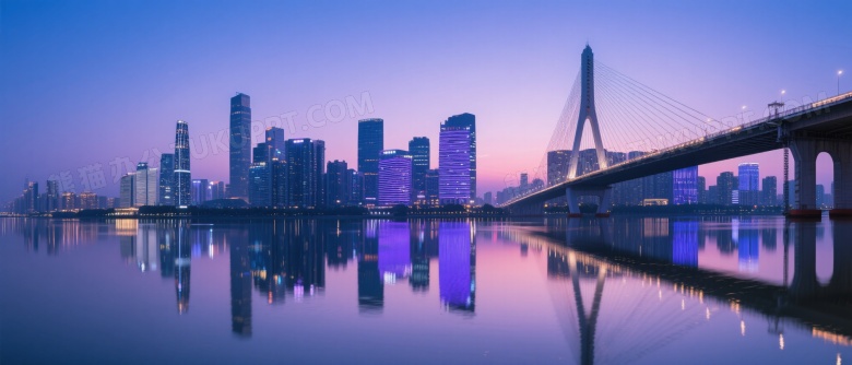 城市天际线夜景倒影对称图片