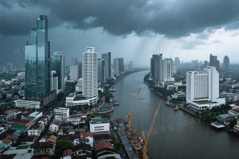 俯拍曼谷暴雨城市全景图片