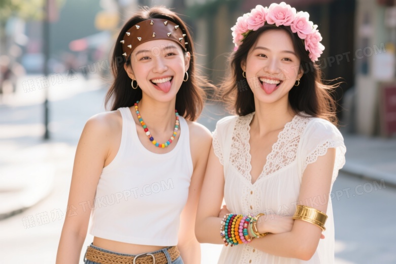 两位女性街头搞怪微笑图片