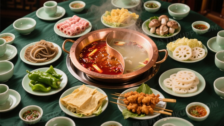 中式鸳鸯火锅俯拍美食图片