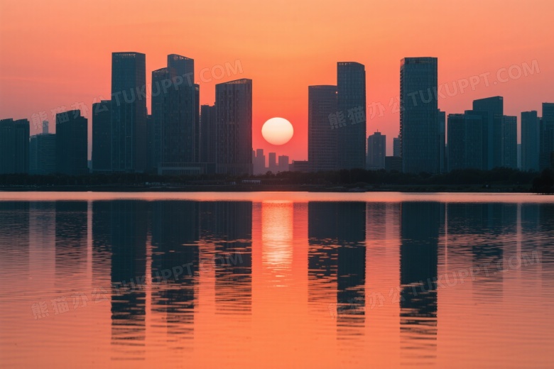 城市天际线落日剪影倒影图片