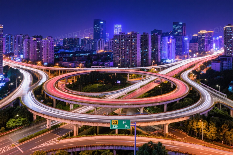 俯拍城市立交桥夜景图片