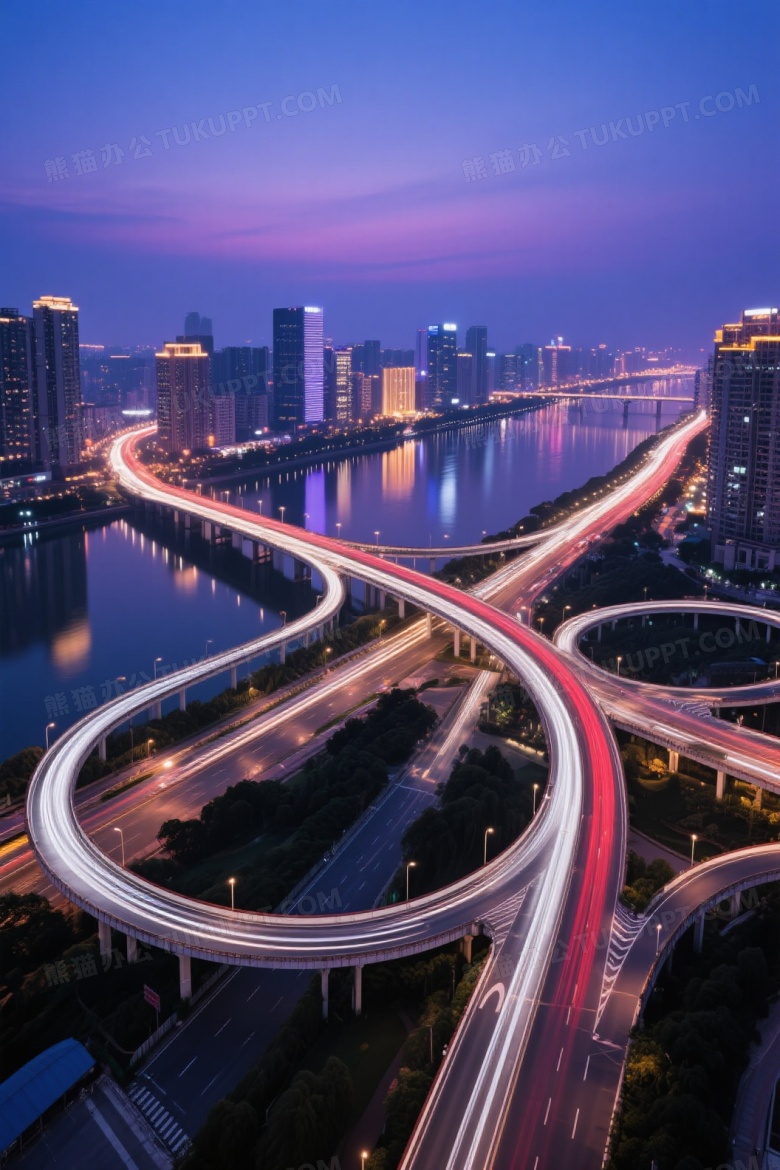 城市立交桥江面夜景俯拍图片