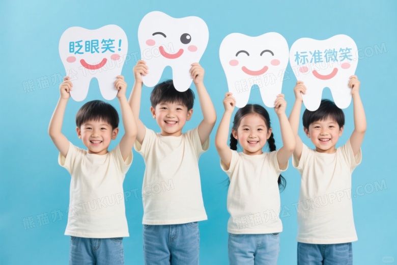 四儿童举卡通牙齿纸板微笑图片