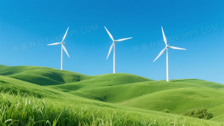 三座风力发电机丘陵静景图片