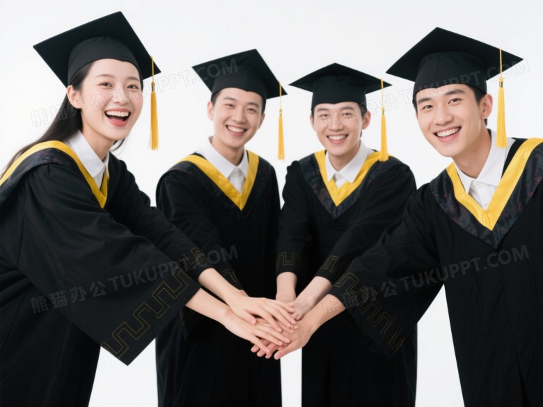 四位毕业生手叠手微笑合影图片