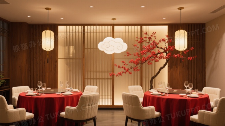 现代中式餐厅内景对称构图图片